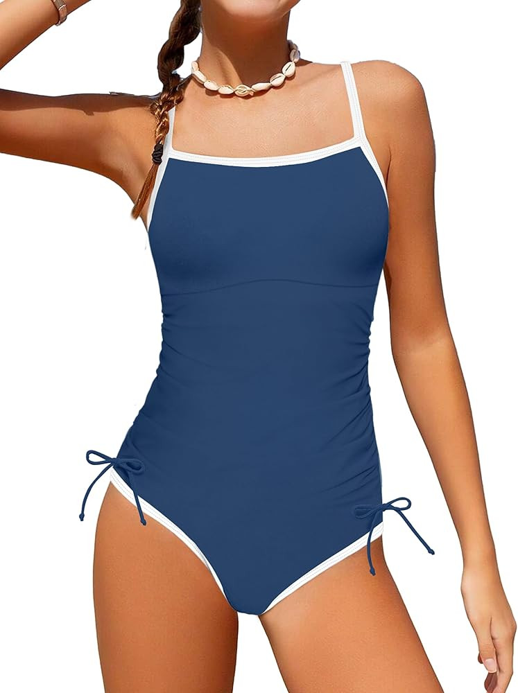 Girls Swimsuit One Piece Bathing Suit Color Block Strap Swimwear Drawstring Swimsuits for Teens 9... | Amazon (US)
