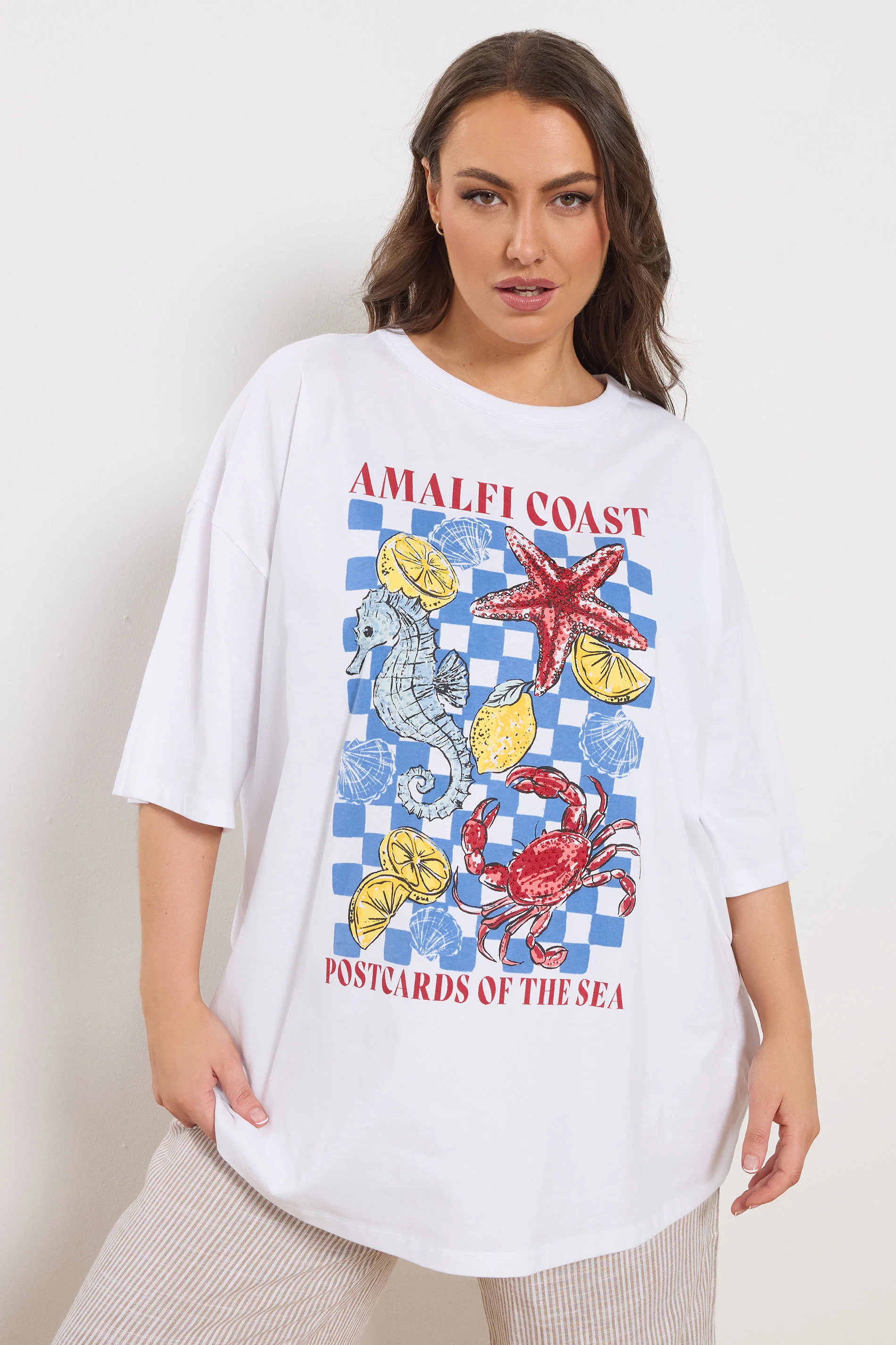YOURS Plus Size White 'Amalfi Coast' Embellished Boxy T-Shirt | Yours Clothing UK