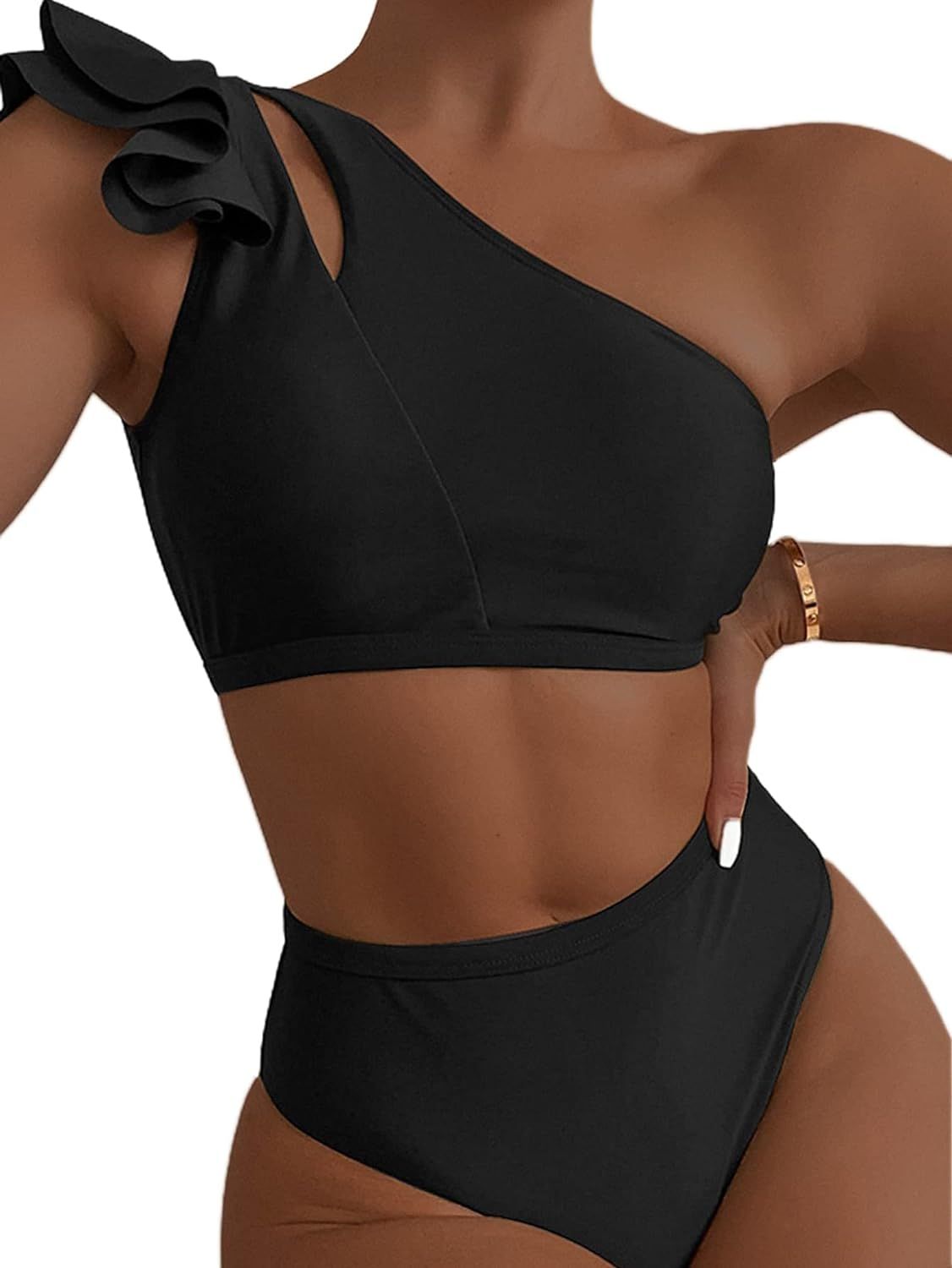 ATHMILE Ruffle Trim Bikini Set for Women One Shoulder Swimsuits High Waisted Two Piece Bathing Su... | Amazon (US)