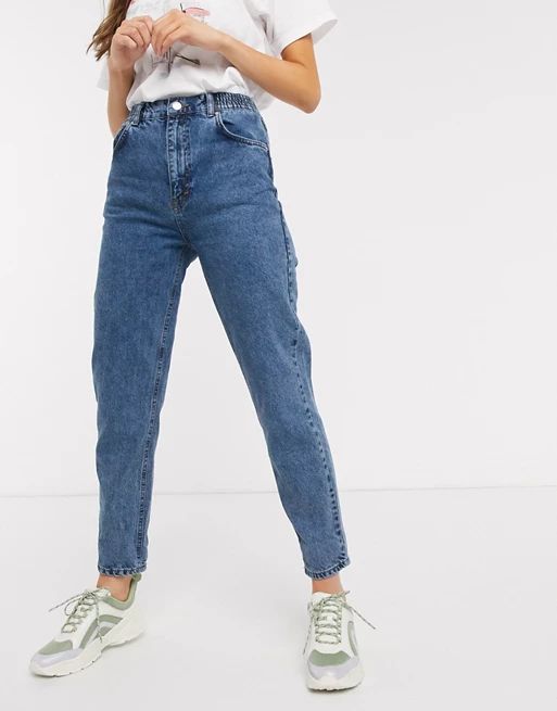 Pull&Bear elasticated waist mom jean in medium blue | ASOS | ASOS US
