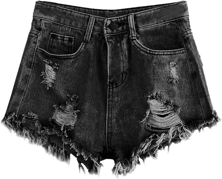 MakeMeChic Women's Cutoff Pocket Distressed Ripped Jean Denim Shorts Black S | Amazon (US)