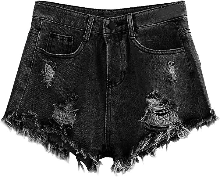 MakeMeChic Women's Cutoff Pocket Distressed Ripped Jean Denim Shorts Black S | Amazon (US)