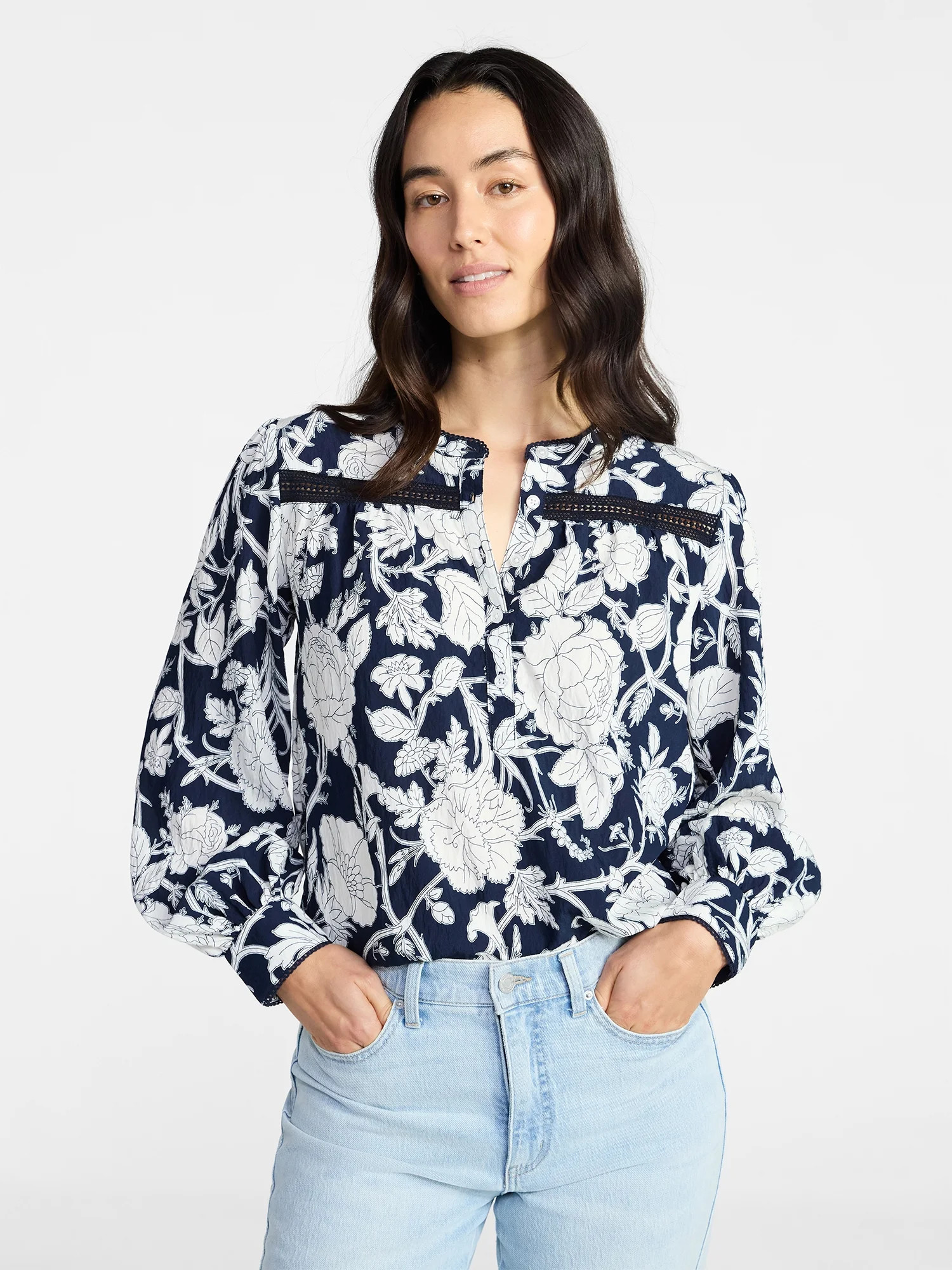 Time and Tru Women's Lace Yoke Shirt with Long Sleeves Sizes XS-XXXL | Walmart (US)