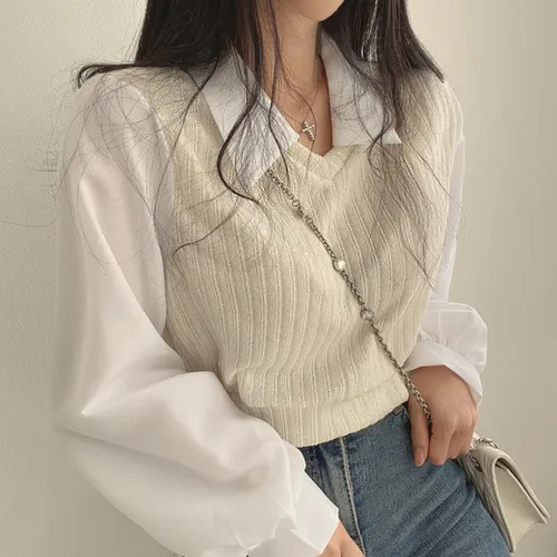 IndiGirl - Mock Two-Piece Long-Sleeve Collar Knit Panel Blouse | YesStyle Global
