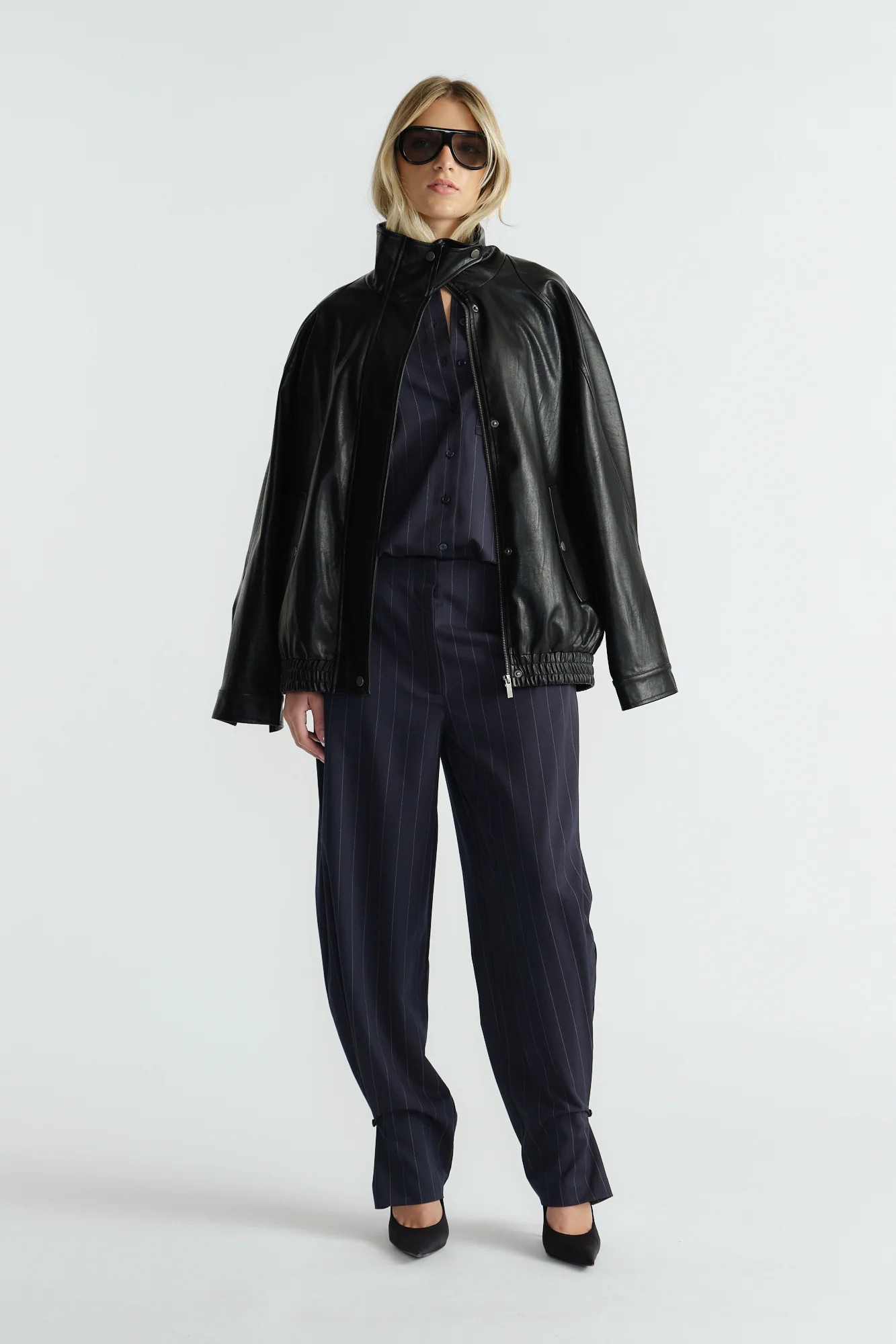Perci Button Cuff Pants - Navy Fine Stripe | DECJUBA