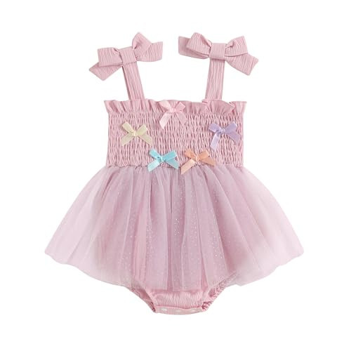 Newborn Baby Girl Romper Tulle Tutu Dress Summer Clothes Boho Photoshoot Outfits without Headband Bow Pink Purple 6-12 Months | Amazon (US)