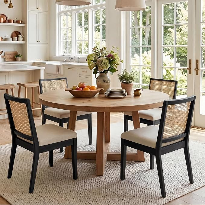 HNY Farmhouse Rattan Dining Chairs Set of 4, Black Solid Hardwood Frame, Upholstered Linen Seat, ... | Amazon (US)