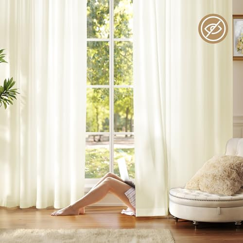 Anmao Non-See-Through Privacy Semi Sheer Curtains for Living Room 84 Inch Length 2 Panels Set, Light Filtering Window Curtains Drapes for Bedroom with Tiebacks, 52 Inch Wide Each Panel, Cream Yellow | Amazon (US)