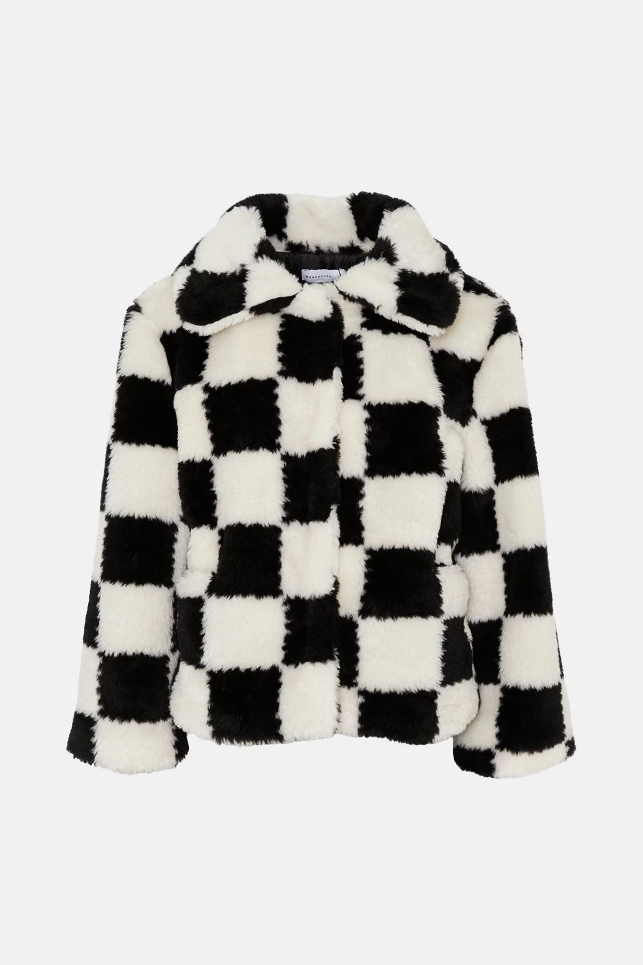 Checkerboard Short Fur Jacket | Warehouse UK & IE