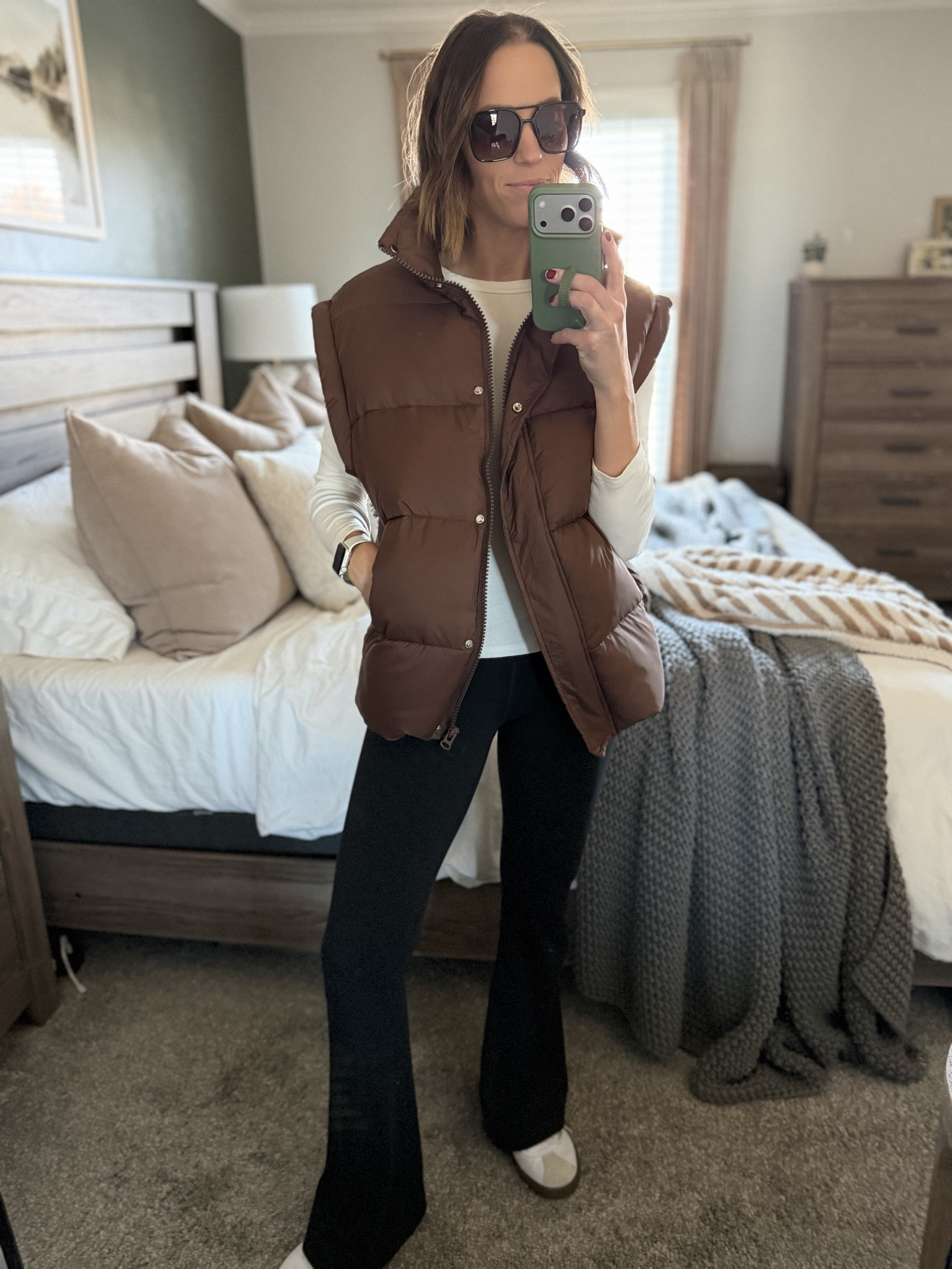 Got this vest in green and this gorgeous brown. Comes in lots of colors — I may even get black! Has an elastic cinch at the bottom to tailor the fit.  Wearing a size S in all pieces, 31” inseam on the pants  

#LTKFindsUnder50 #LTKootd #LTKmomlife