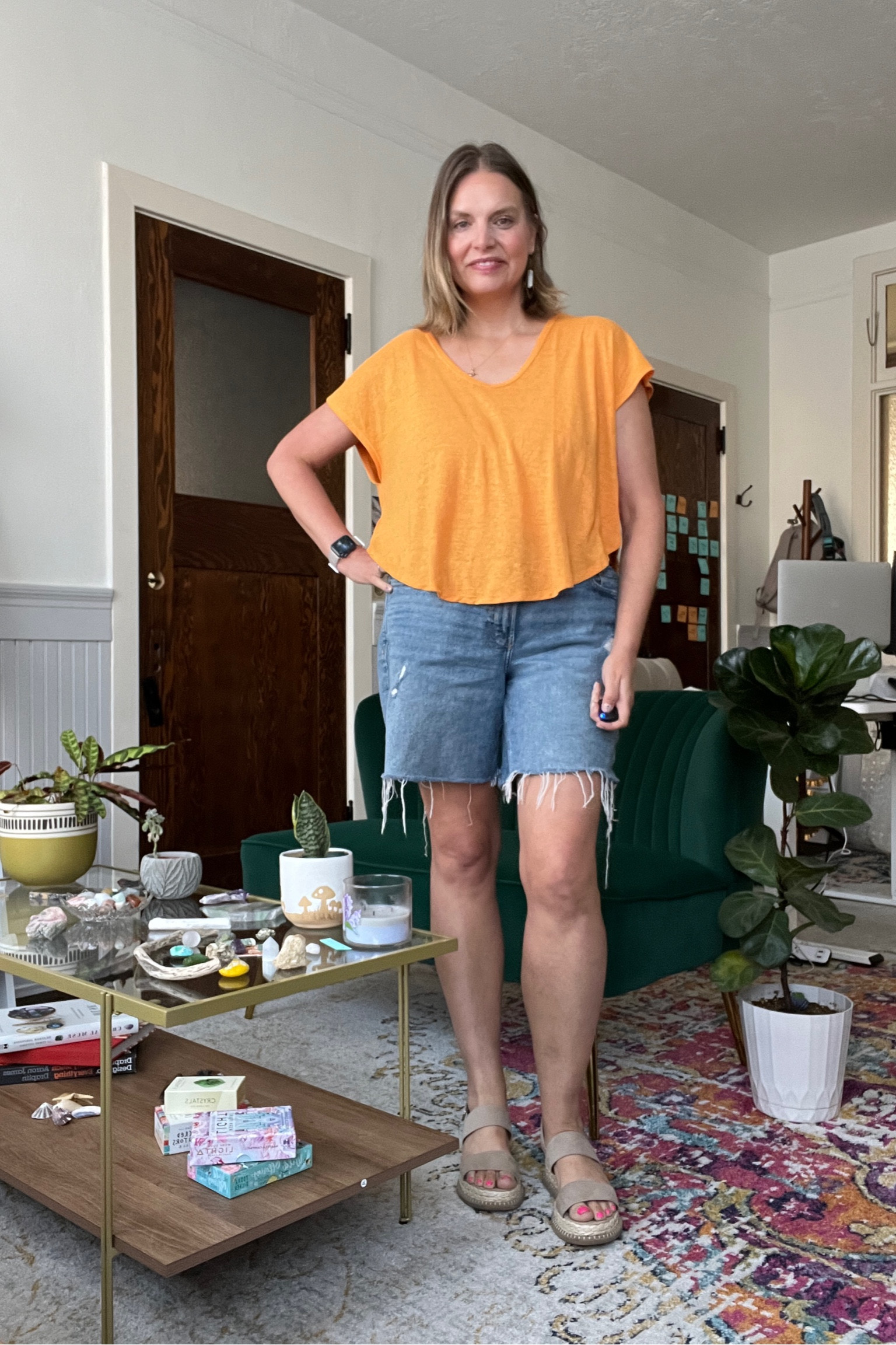 Outfit formula: colorful top, denim shorts and sandals

#LTKSeasonal #LTKstyletip #LTKcurves