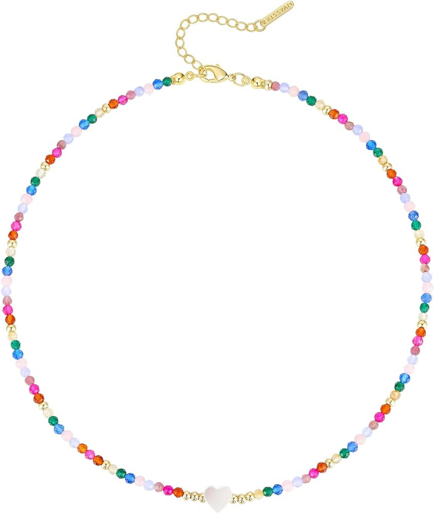 KissYan Beaded Choker Necklace for Women, Colorful Natural Gemstones Pearl Choker 14K Gold Plated... | Amazon (US)