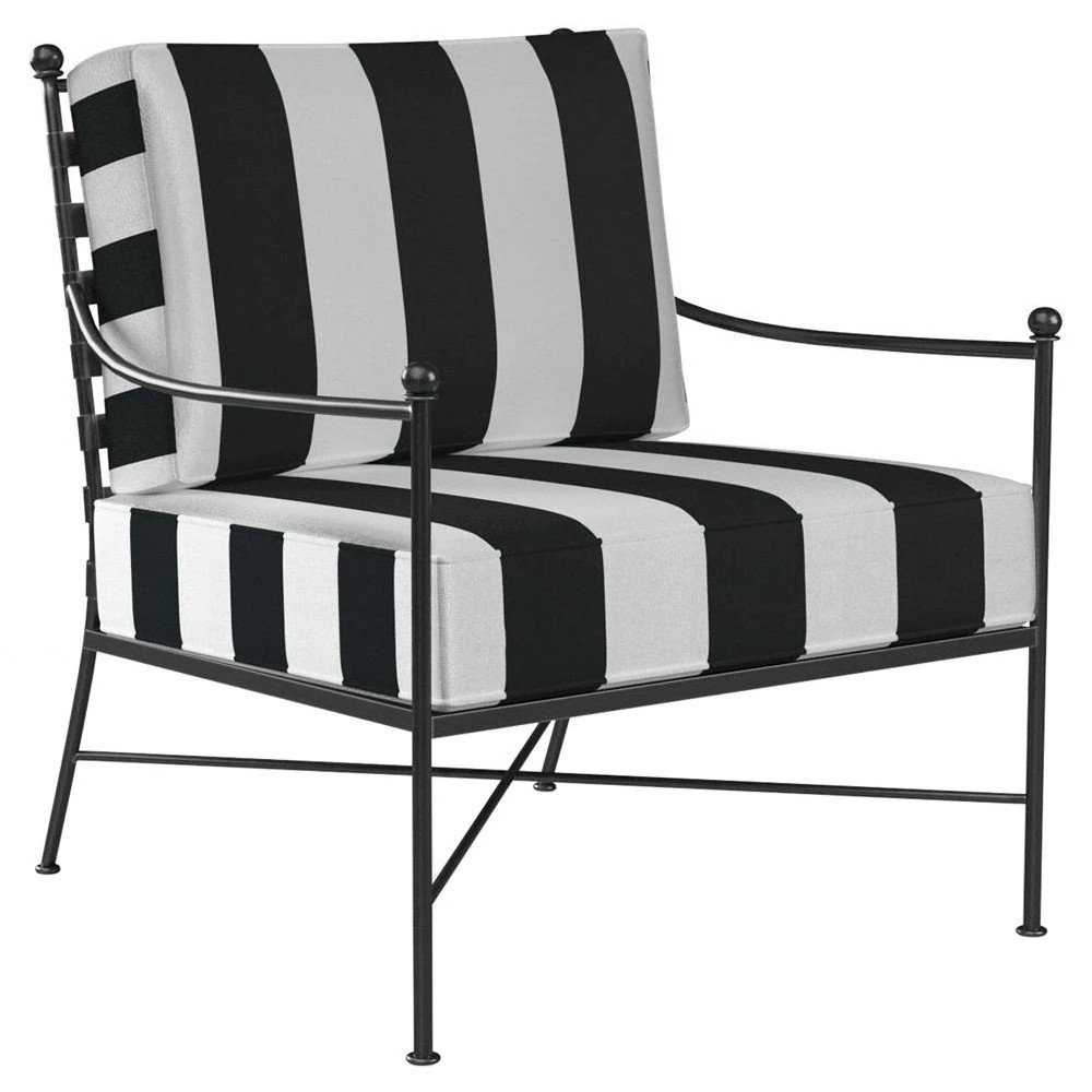 Sunset West Provence White Black Stripe Cabana Cushion Metal Outdoor Club Arm Chair | Kathy Kuo Home