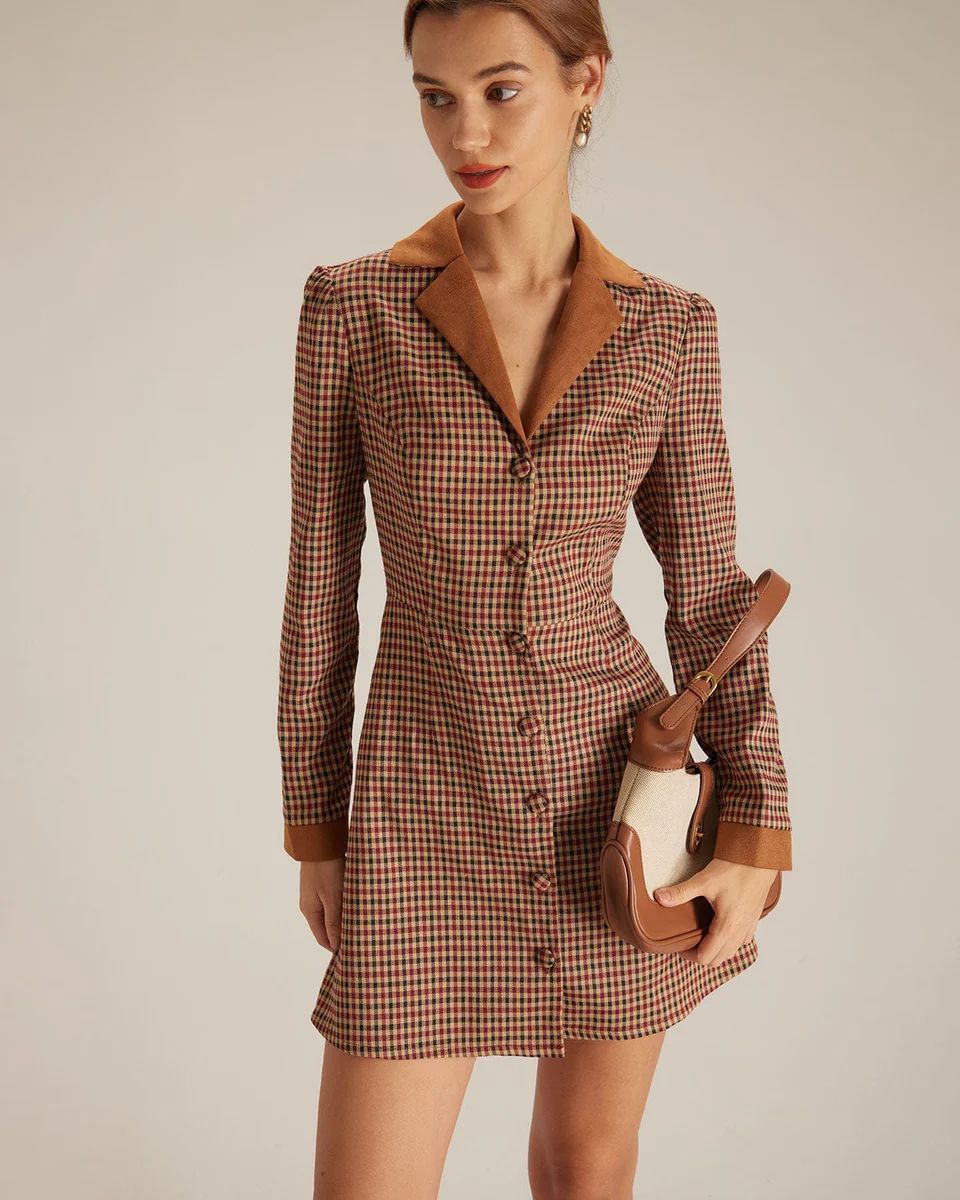 The Brown Plaid Spliced Suede Mini Dress & Reviews - Brown - Dresses | RIHOAS | rihoas.com