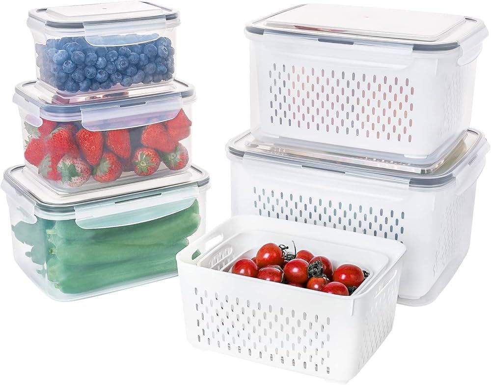 5 PCS Large Fruit Containers for Fridge - Leakproof Food Storage Containers with Removable Coland... | Amazon (US)