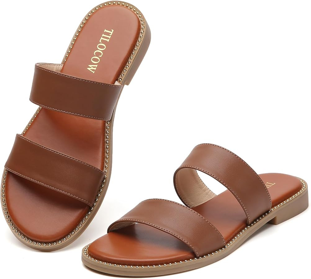 Tilocow Women's Flat Sandals with Rivets Inlaid Slip on Sandals Two Strap Casual Summer Slide Sho... | Amazon (US)