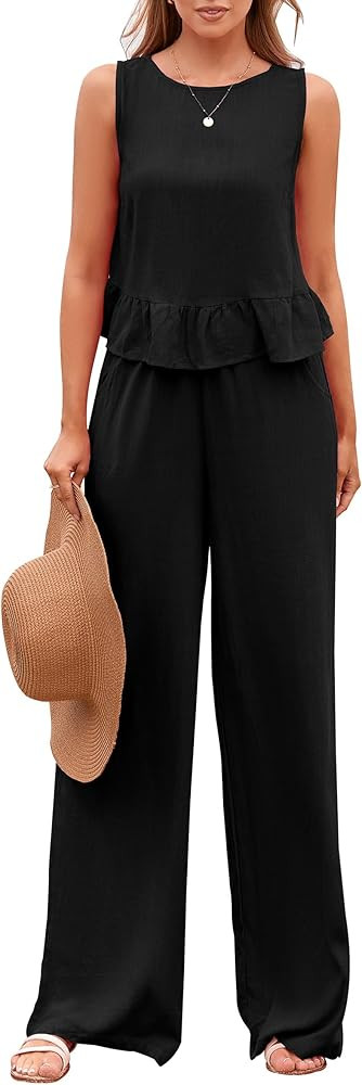 PRETTYGARDEN Women's Summer 2 Piece Outfits Casual Sleeveless Ruffle Tank Top and Wide Leg Pants ... | Amazon (US)