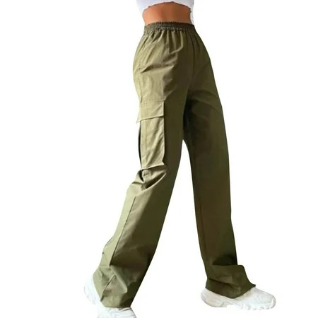 Petite Cargo Pants For Women High Waisted Trendy Lightweight Joggers Elastic Straight Leg with Pocket Casual Baggy Pants Army Green S | Walmart (US)