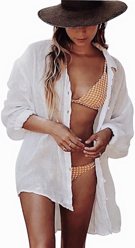 BUTTZO Women's Beachwear Bikini Swimwear Beach Sexy Cover up Oversized Shirt Tops Bathing Blouses... | Amazon (US)