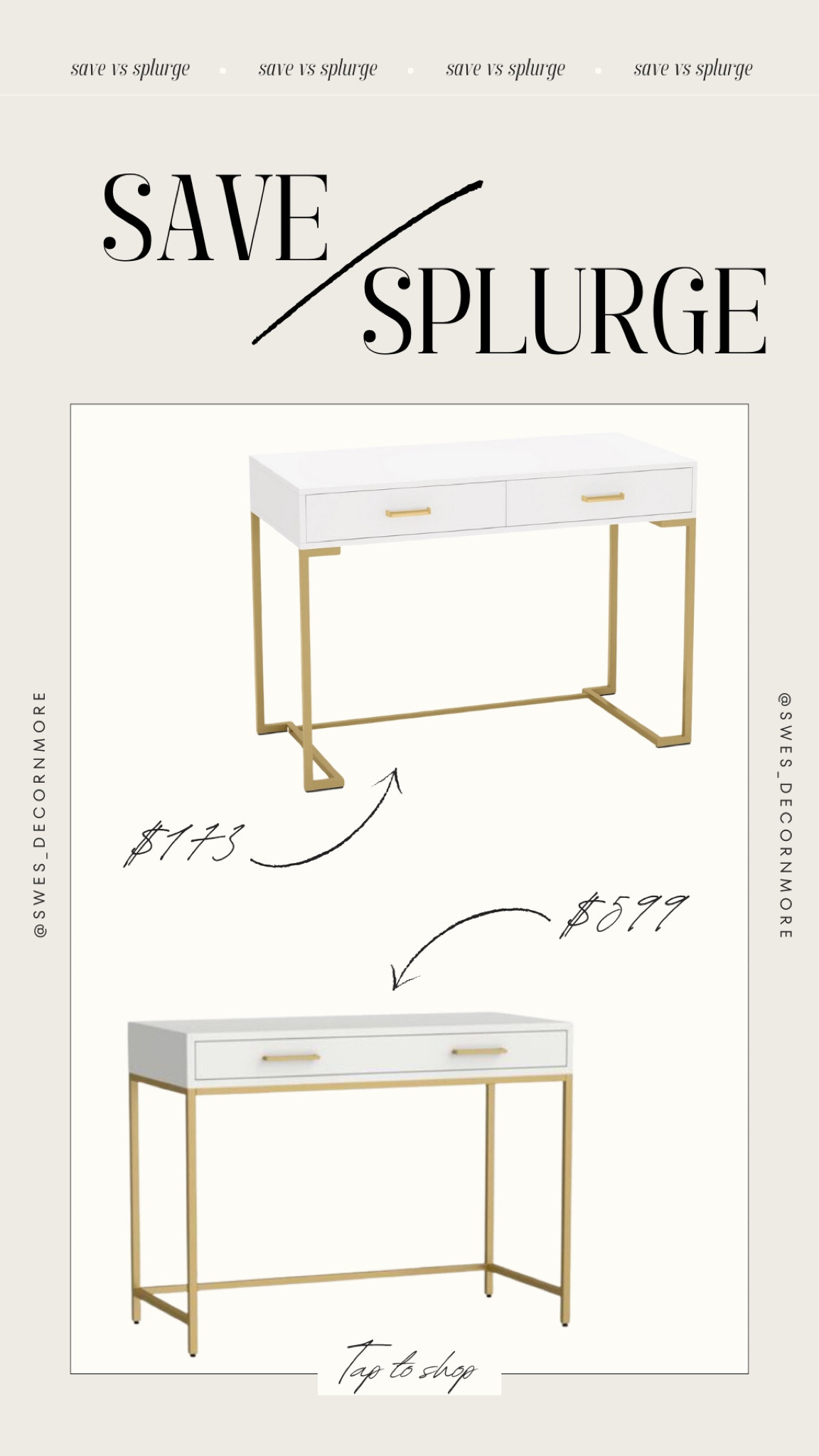 Save or Splurge on this beautiful Pottery Barn white and gold writing desk? This Secil modern desk from Wayfair is almost identical and comes in at more of a budget friendly price! Either are stunning and sure to look great in your space! 

#LTKStyleTip #LTKHome