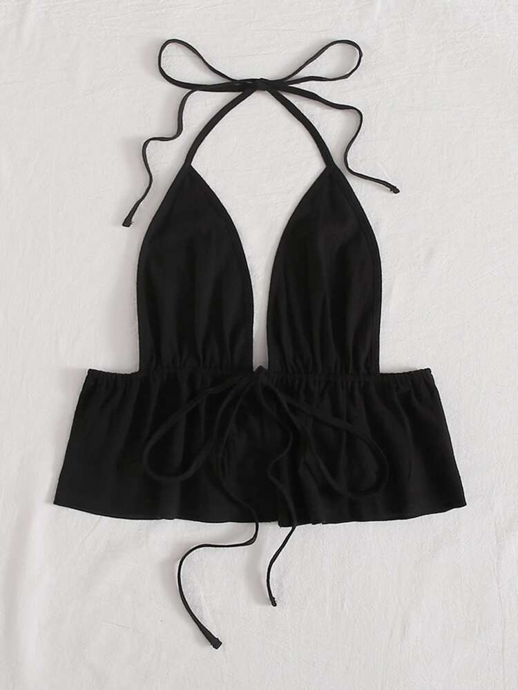 Self-Tie Halter Flounce Crop Top | SHEIN