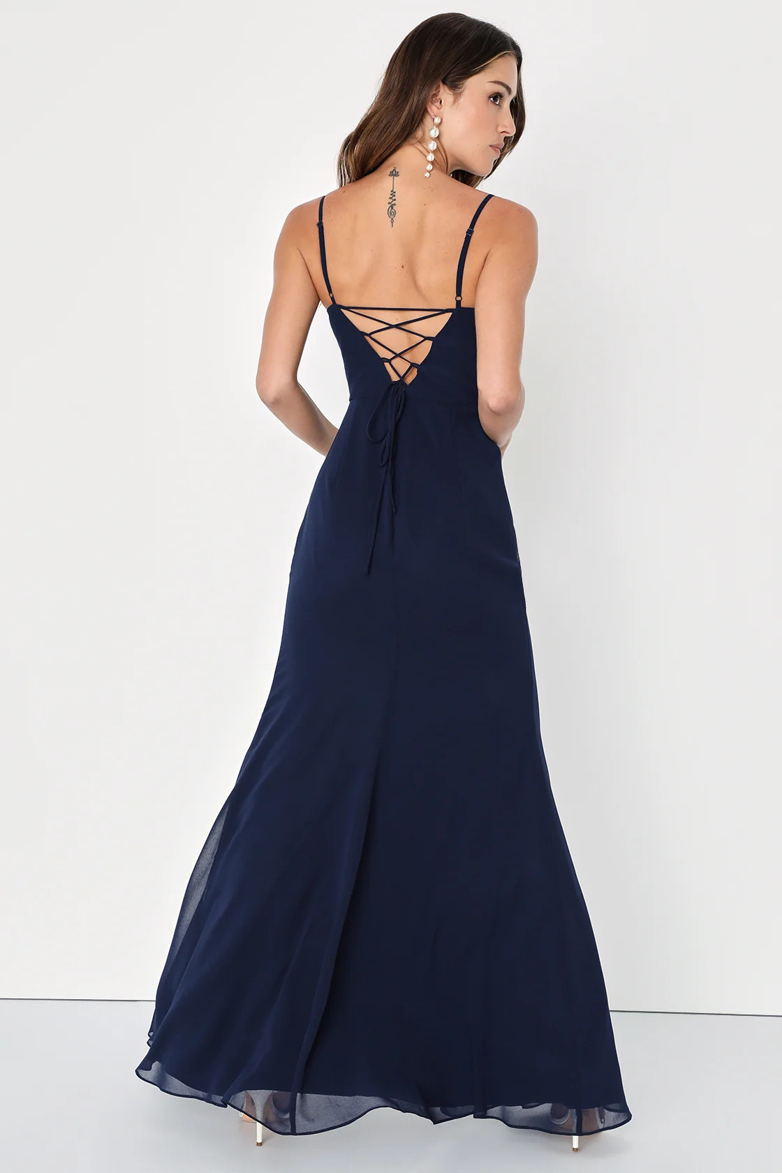 Feeling Elegant Navy Blue Lace-Up Slit Maxi Dress | Lulus