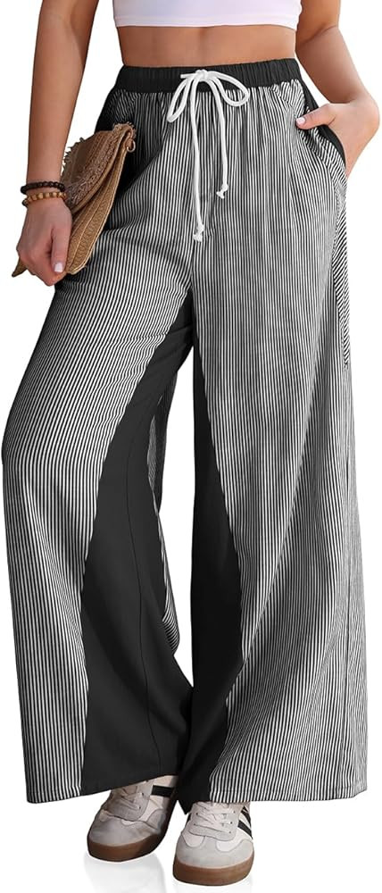 TARSE Women\u2019s Linen Wide Leg Pants Striped Drawstring Elastic Waist Loose Fit Summer Boho Ca... | Amazon (US)