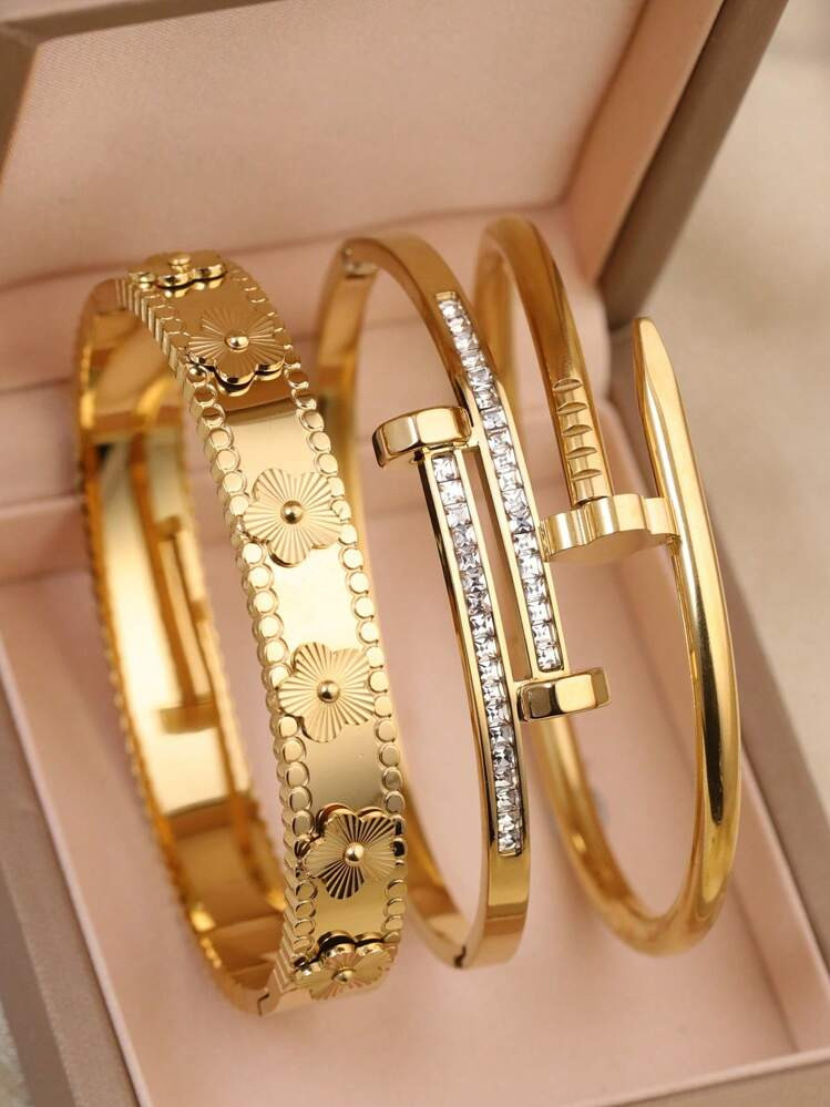 3pcs/1pc 18K Gold Plated Stainless Steel Four-Leaf Clover Bracelet, Cubic Zirconia Bangle,Suitable For Women's Party And Daily Wear,Gift | SHEIN