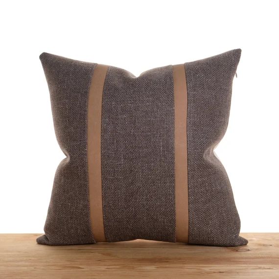 Brown textured pillow cover  faux leather accent  tan vegan | Etsy | Etsy (US)