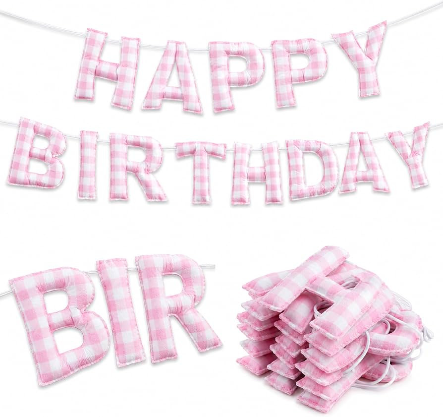 Pink Gingham Pre-strung 3D Happy Birthday Banner, Reusable Cotton Fabric Pink Gingham Sign for Bi... | Amazon (US)