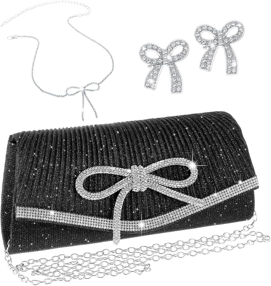 3 Pcs Bow Purse Evening Bag Jewelry Set for Women, Black Clutch Purse with Silver Bow Prom Rhines... | Amazon (US)