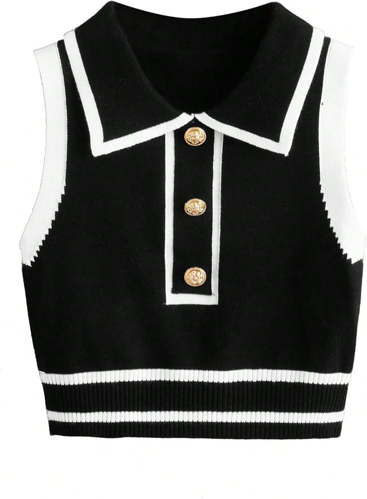 Verdusa Women's Button Down Old Money Striped Sleeveless Sweater Vest Collar Knit Top | Amazon (US)