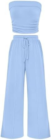 PRETTYGARDEN Womens Summer Outfits 2 Piece Sets Casual Ribbed Knit Crop Tube Top Wide Leg Pants S... | Amazon (US)