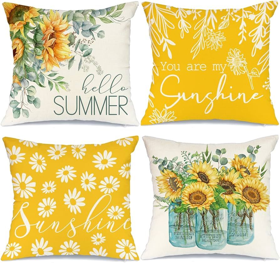 Summer Daisy Pillow Covers 18x18 Inch Set of 4 Sunflowers Mason Jar Sunshine Pillows Decorative T... | Amazon (US)