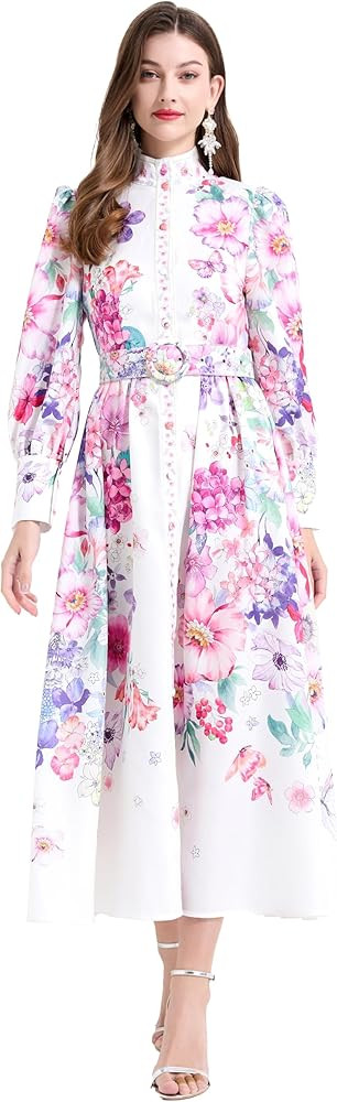 LAI MENG FIVE CATS Women Vintage Floral Print Button Up Casual Split A Line Flowy Maxi Belt Dress | Amazon (US)