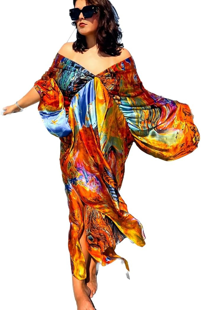 Women's Kaftan Maxi Dress Ethnic Plunging V Neck Beach Cover Up Swimsuit Maxi Dressing Robe Gown | Amazon (US)