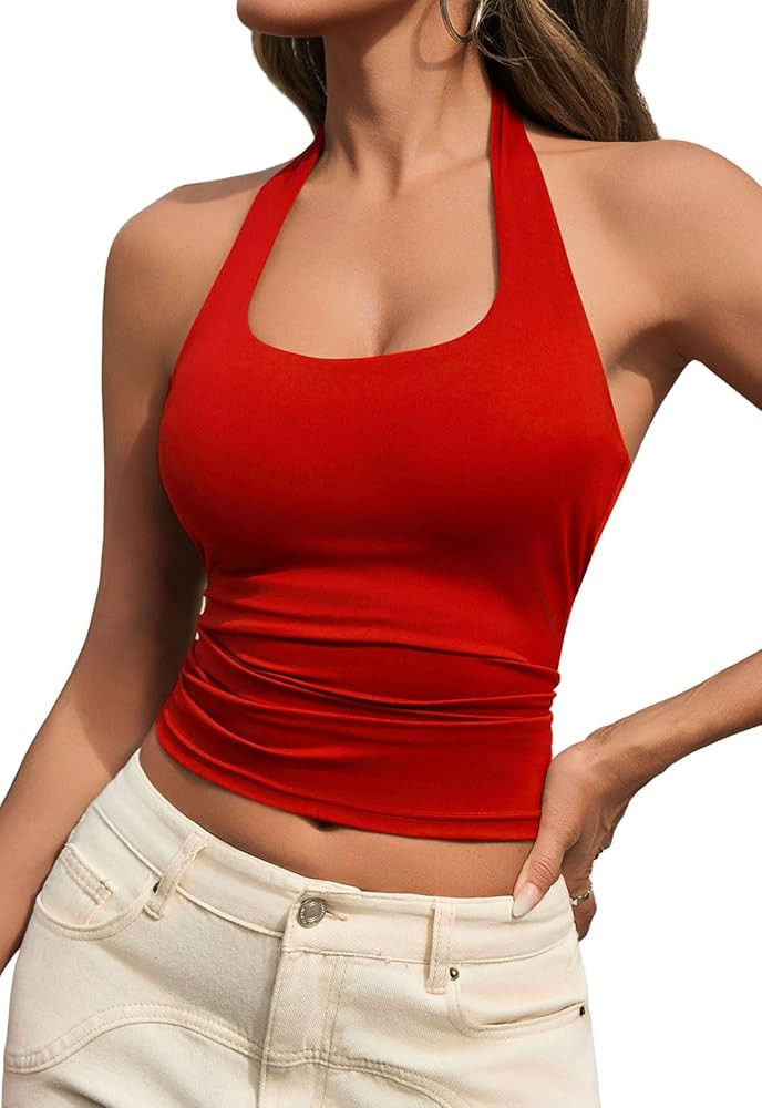 Womens Tank Tops Sexy Halter Neck Going Out Tops Summer 2025 Trendy Backless Workout Shirts Sleev... | Amazon (US)