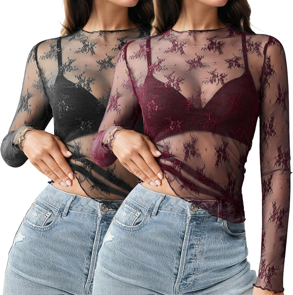 HOTOUCH Women's Mesh Sheer Tops Long Sleeve Layering Top Mock Neck See Through Floral Lace Shirt ... | Amazon (US)