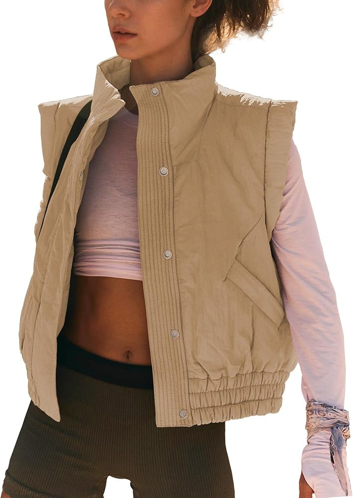 Ainangua Women Cropped Puffer Vest Button Sleeveless Light Jacket Scrunch Stand Collar Essentials... | Amazon (US)