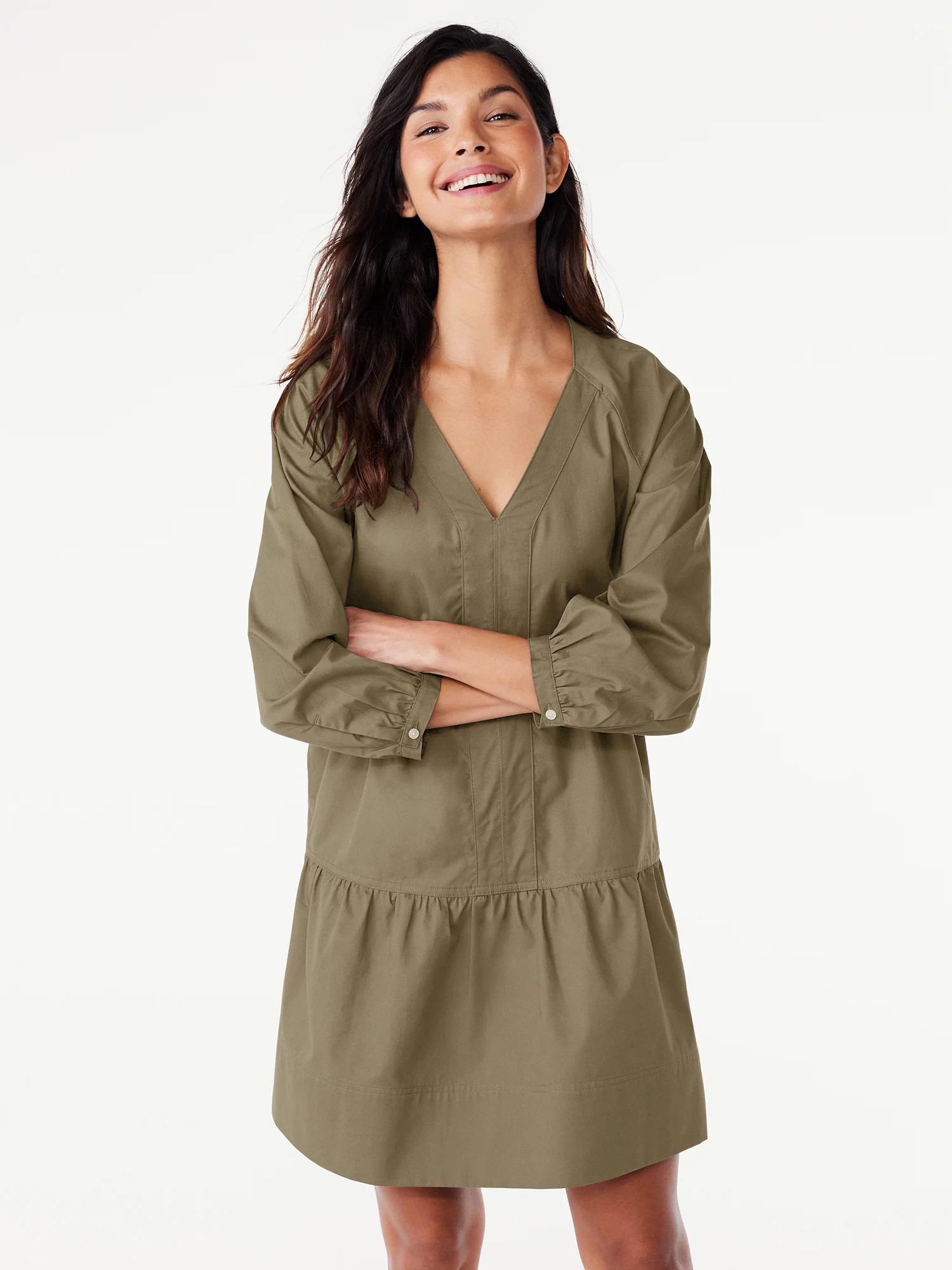 Free Assembly Women's Tiered Mini Dress with Long Sleeves, Sizes XS-XXL | Walmart (US)