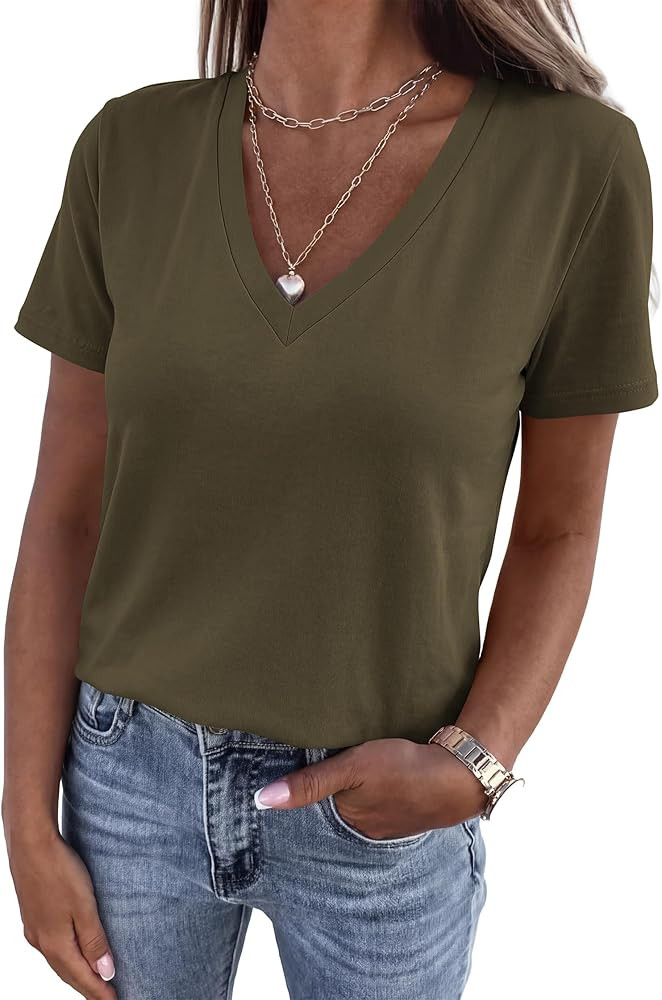 KIRUNDO V Neck T Shirts for Women Summer Tops 2026 Spring Short Sleeve Dressy Casual Blouses Basi... | Amazon (US)