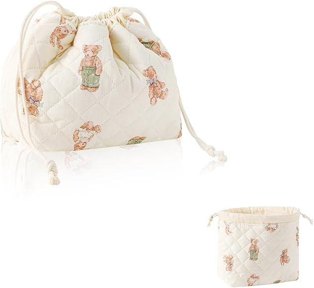 Drawstring Makeup Bag - Cute Bear Quilted Bag for Women, Collapsible Travel Cosmetic Organizer wi... | Amazon (US)