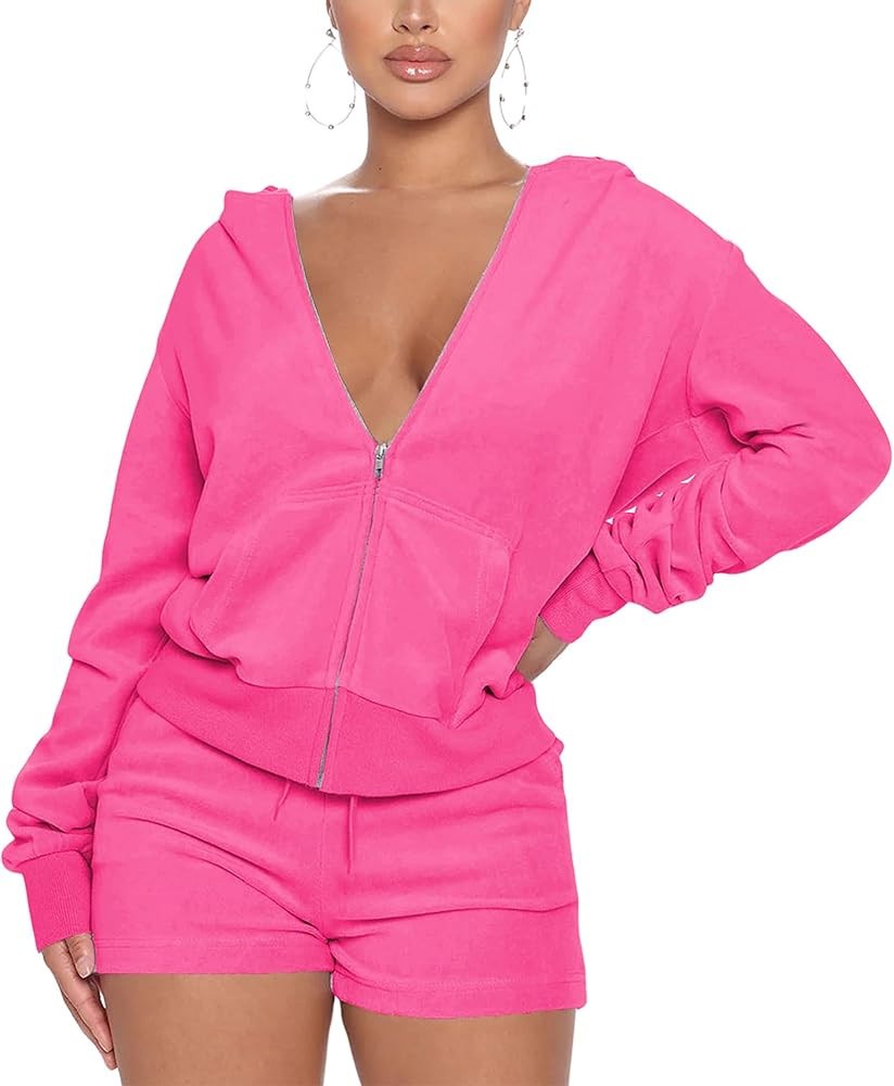 SMSN Women 2 Piece Outfits Sweatsuit Shorts Sets, Velvet Tracksuit Long Sleeve Hooded Zipper Jack... | Amazon (US)