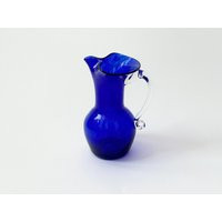 Cobalt Blue Tortoise Shell Patterned Hand Blown Midcentury Modern Retro Vintage Small Pitcher | Etsy (US)