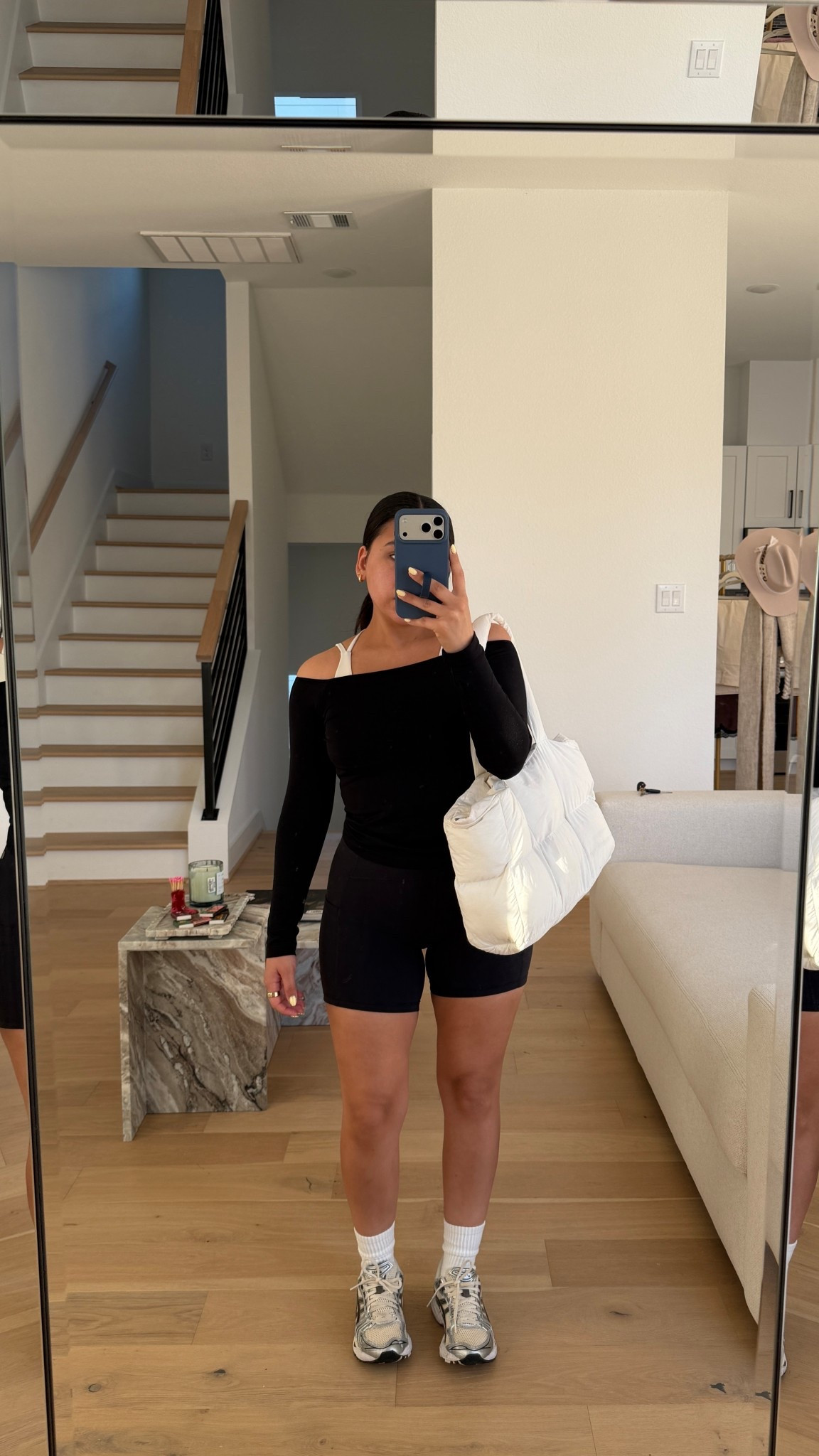 Wore to hot Pilates 
Sports bra: 2 
Biker shorts: small
Off the shoulder top: small
Sneakers: 6.5 women 
Grip socks 
Puffer tote gym bag 

#LTKgrwm #LTKActive #LTKootd