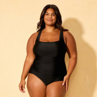 Women's Long Torso Shirred Tummy Control Square Neck Full Coverage One Piece Swimsuit - Shade & Shore™ Black M | Target