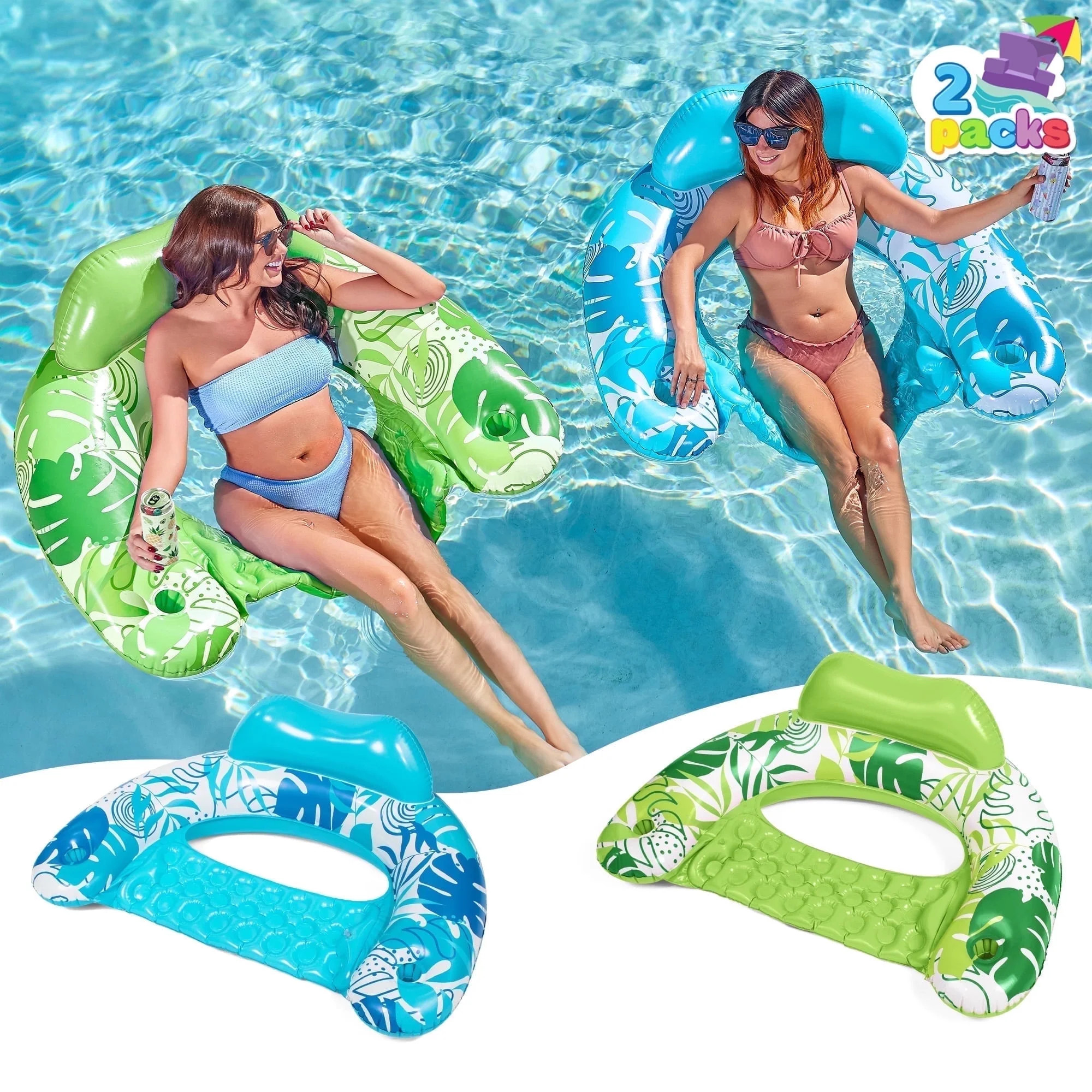 Joyfy 2 Packs Pool Floats for Adult,Inflatable Pool Chair Float with 2 Cup Holder, Pool Loungers ... | Walmart (US)