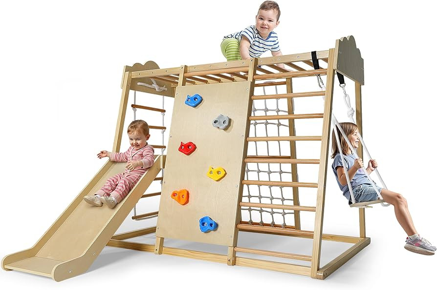 Indoor Playground 8-in-1 Wooden Jungle Gym Large Kids Play Gym Climbing Toys with Swing, Slide wi... | Amazon (US)