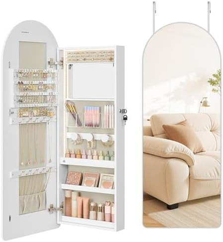 SONGMICS Wide Jewelry Organizer, LED Jewelry Cabinet Wall/Door Mounted, Arched Mirror with Storag... | Amazon (US)