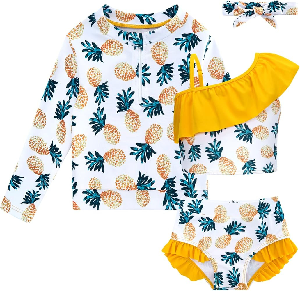 Funnycokid Baby Toddler Girls Swimsuit 4 Piece Bathing Suit Long Sleeve Rash Guard Sets | Amazon (US)